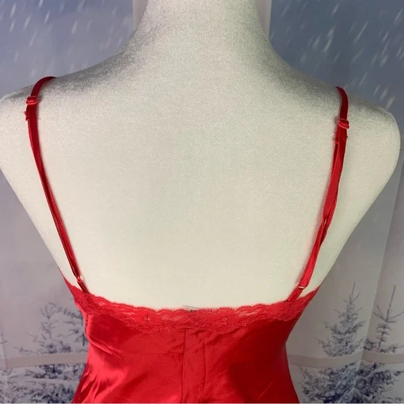 Victoria’s Secret Red Satin Lace Accent Split Babydoll Slip Dress Nightgown - Picture 7 of 14